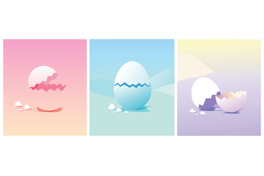 Happy Easter Modern Minimal Egg Vector Cover Set with Pastel Gradients and Cracked Shells. Minimalist Design for Spring Holidays, Birth, New Beginnings, and Creative Graphic Backgrounds.