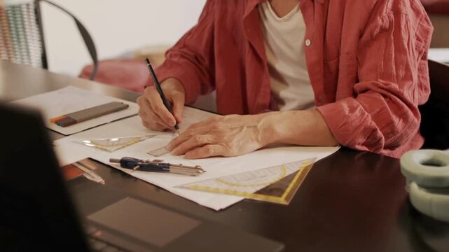 Male Architect Working on a Sketch Rendering Professional Designer Creating Building Plans Architectural Drawing Creative Workspace Engineering Project Technical Blueprint Modern Construction Office