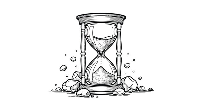 Vintage hourglass with falling sand and scattered rocks engraving style