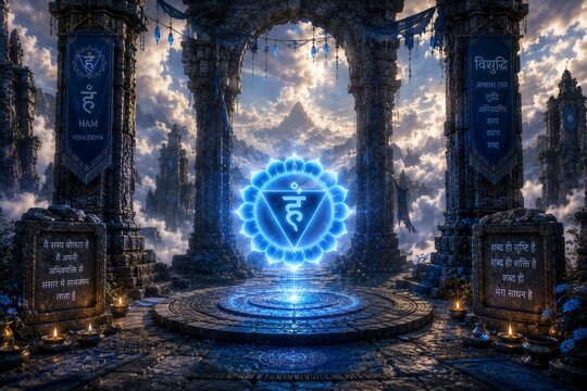 Luminous Vishuddha throat chakra floating within celestial stone ruins above the clouds with sacred banners, blue energy and mystical spiritual fantasy scenery