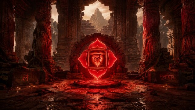 Glowing Muladhara root chakra symbol inside an ancient temple ruin with mystical red energy, sacred geometry, Sanskrit carvings and cinematic spiritual fantasy atmosphere