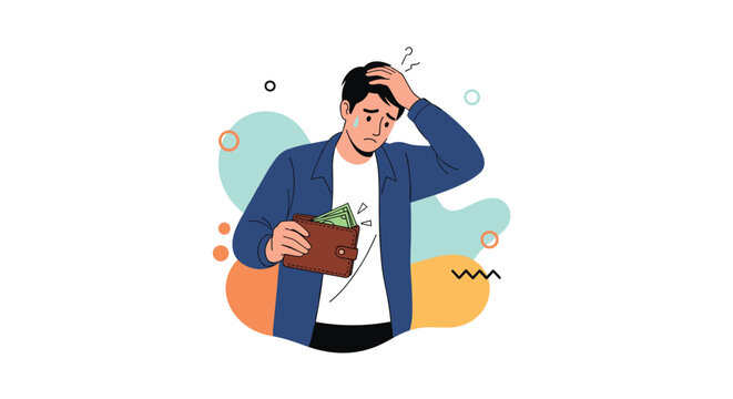 Worried and stressed man looking at his almost empty wallet representing financial struggle, poverty, and economic difficulties.