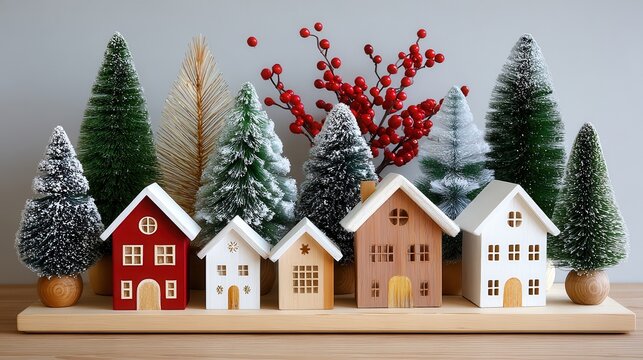 Five tiny wooden houses in red, white, natural wood tones on light wood base, with snow dusted bottlebrush trees and red berries, cozy winter village scene.