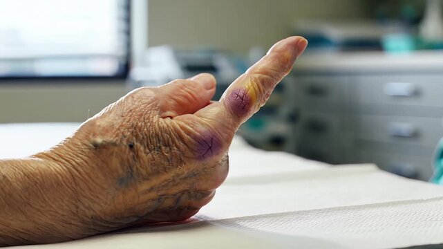 Elderly patient with bruised and swollen finger moving hand in clinic