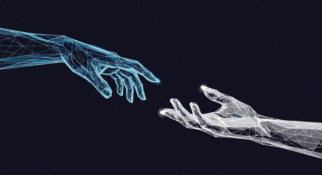 Pair of digital human hands reaching for each other in a starry space made of blue glowing polygonal shapes and connections.
