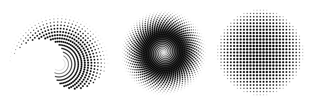 Abstract black halftone dot patterns in circular and spiral shapes on white background on transparent background
