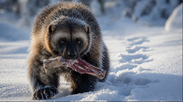 Wolverine carrying prey across snow with tracks at golden hour