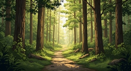 Obraz premium A serene forest path winding through towering trees, illuminated by dappled sunlight, inviting exploration into nature's quiet beauty