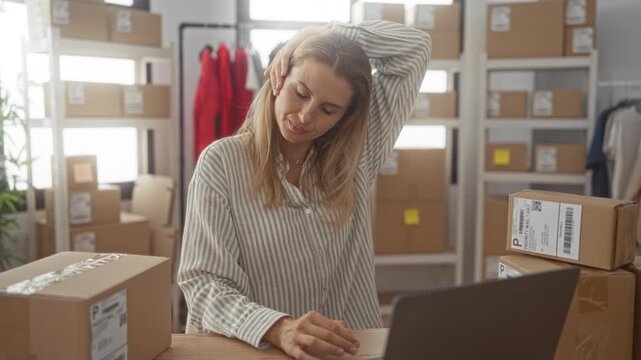 Woman massaging neck with one hand at laptop amid stacked shipping boxes and clothes rack in studio; entrepreneur fatigue.