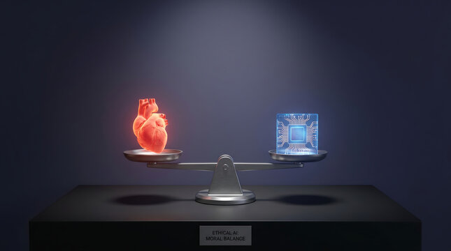 Balance scale with glowing heart on one side and computer chip on other