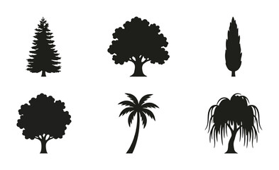 Diverse Tree Silhouettes Collection, Six Vector Icons for Nature and Landscape Design © Fokir