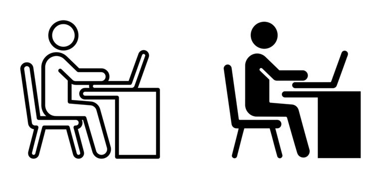 Person Working at Desk with Laptop, Icon Set, Outline and Silhouette