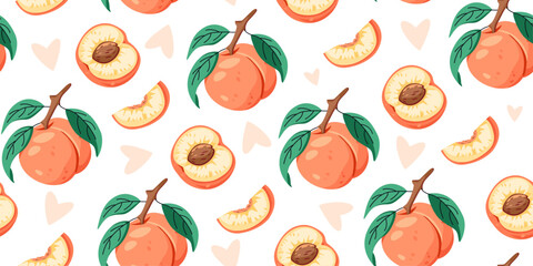 Seamless pattern with whole and slices peaches, leaves and hearts. Cute summer background. Surface design with sweet ripe fruits.