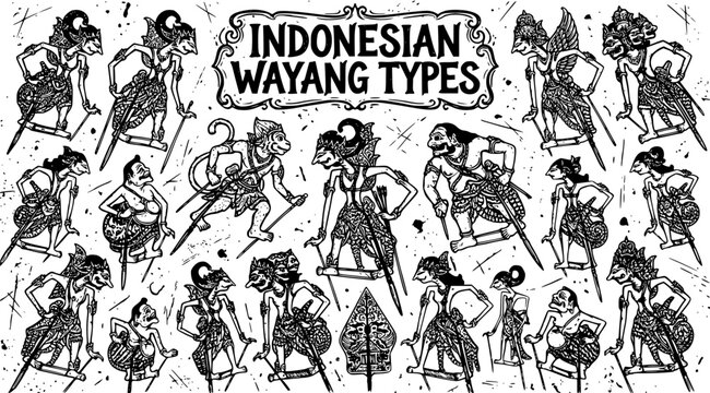 Indonesian Wayang Types Black and White Line Art Hand-drawn Illustration of Traditional Shadow Puppets for Cultural Art and Mythology