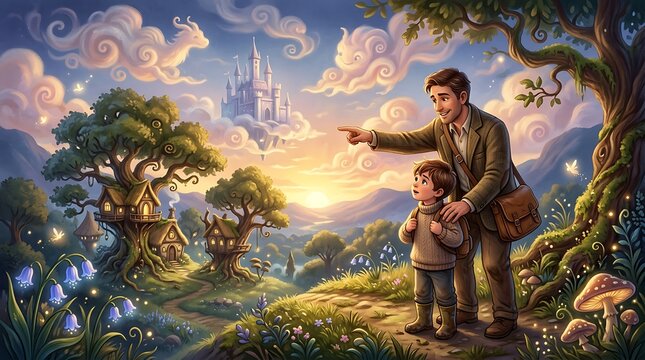 Father points to a magical castle in the distance with his son digital art enchanted forest golden hour pointing fairytale landscape imagination enchantment storybook illustration painterly