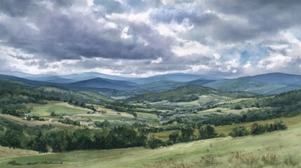 Fototapeta premium Rolling green hills and valleys stretch to distant mountains under a dramatic, cloudy sky. Scattered rural dwellings
