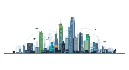 Fototapeta premium Smart City Skyline with Drones and Wind Turbines - Modern Urban Landscape