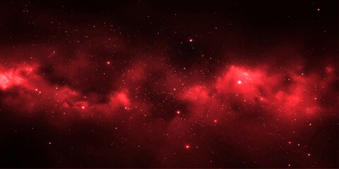 An abstract red and white space background filled with a bright cosmos nebula, glowing galaxy stars, and a deep outer universe illustration © RD Visuals
