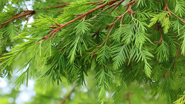 Close-up of fresh green pine needle branches in a forest during daylight