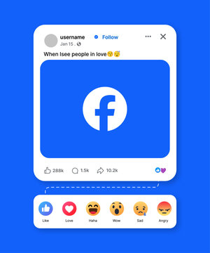 Facebook post mockup template for social media and social network interface design featuring Facebook reactions, social media post UI and modern social network post layout.