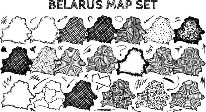 Belarus Map Set: Hand-Drawn Outline Illustrations with Doodles and Patterns, Black and White Line Art