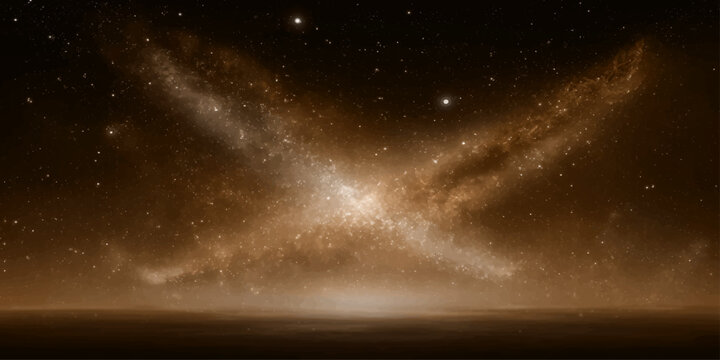 A deep brown and black outer space background features a starry night sky filled with a bright nebula galaxy, glowing planets, and abstract cosmic clouds stretching across the dark fantasy universe