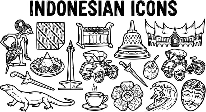 Indonesian Icons Black and White Line Art Set. Hand-drawn cultural symbols, landmarks, and traditional elements representing Indonesia.