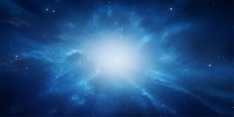 An abstract dark blue night sky backgrounds a bright fantasy universe filled with deep space nebula stars and a glowing cosmos planet illustration © RD Visuals