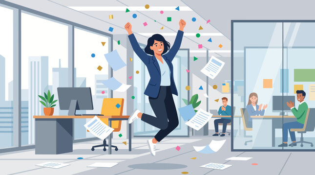 Businesswoman celebrating in modern office.