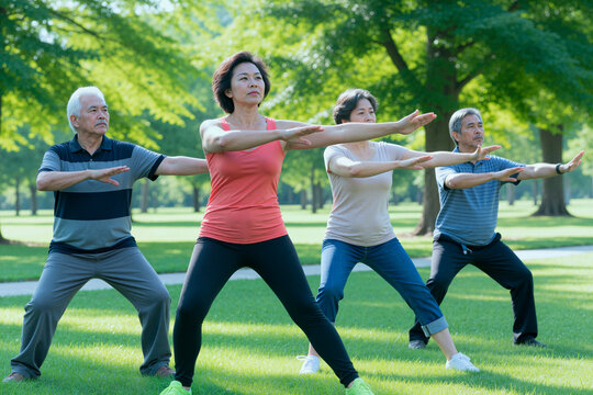 Asian seniors exercising in park, practicing tai chi poses for balance, mobility, healthy aging, group wellness. Useful for senior fitness, preventive healthcare, active lifestyle marketing
