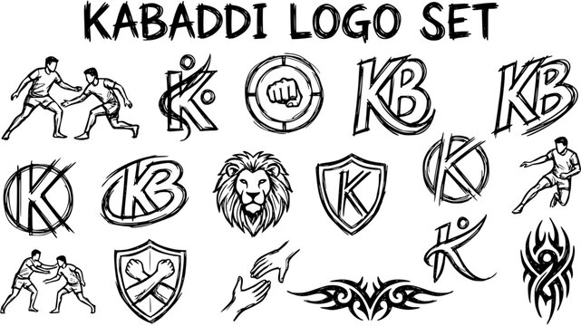 Kabaddi Sport Logos Set - Black and White Line Art Hand-drawn Emblems, Symbols, and Player Silhouettes for Team Branding