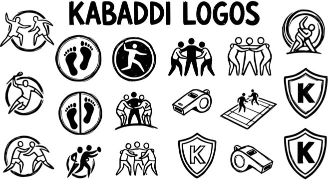 Kabaddi Sport Logos: Action, Players, Feet, Whistle  Shield Icons in Black  White Line Art