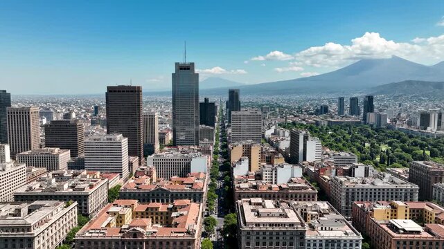 Expansive aerial perspective captures a bustling urban metropolis dominated by towering skyscrapers lining wide boulevards, with a lush green park and distant volcanic peak under a bright