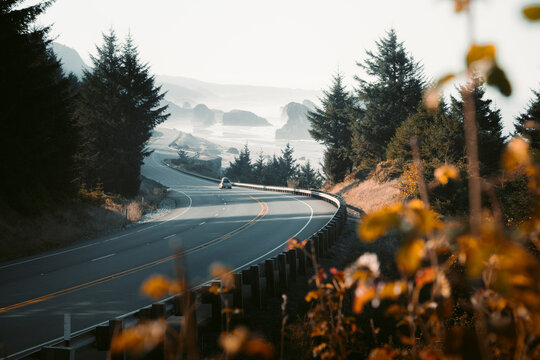 Oregon Coast Highway in golden morning light at sunrise, OR, Pacific Northwest, USA