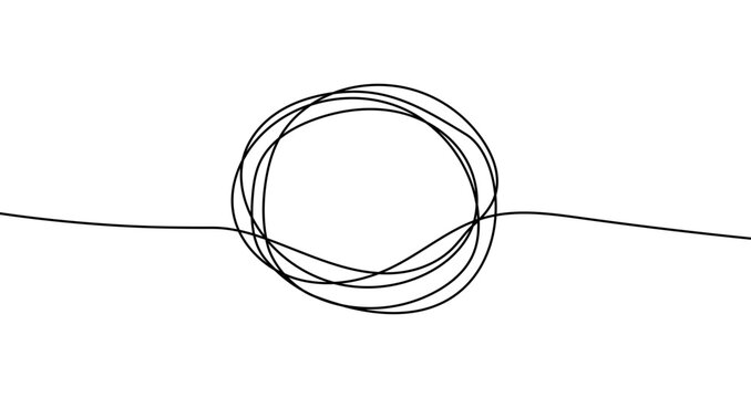 Tangled circle in one line art style. Drawing of tangled circle with editable black stroke on white background. Vector illustration.