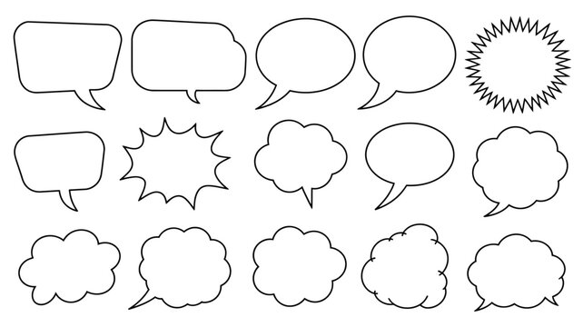 collection of blank speech bubbles and comic book explosion shapes in black line art