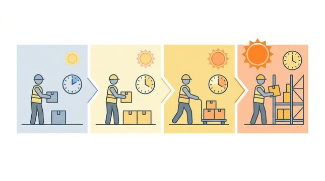 Workers follow acclimatization schedule for safety during different times of day while handling items in a warehouse setting.