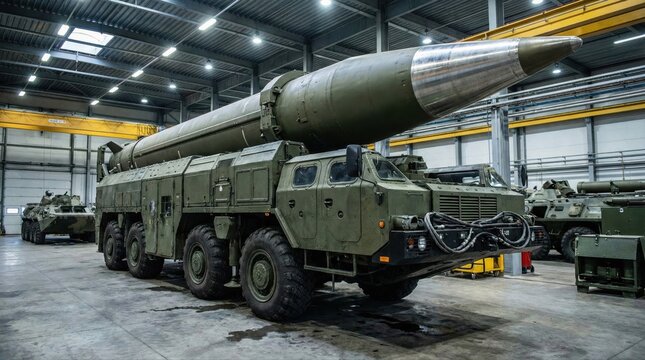 Ballistic missile mounted on an eight wheel drive military transport vehicle, ready for deployment or maintenance inside a large industrial hangar with other armored vehicles