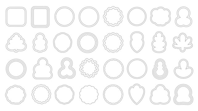 Variety of cookie cutter shapes in black and white line drawing style on a white background