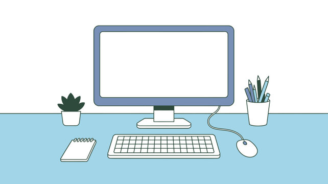 minimalist workspace with computer keyboard and stationery on a light blue surface