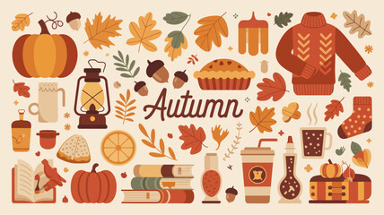 Autumn themed illustration with pumpkins leaves sweaters and fall harvest elements in warm tones © Ultimate