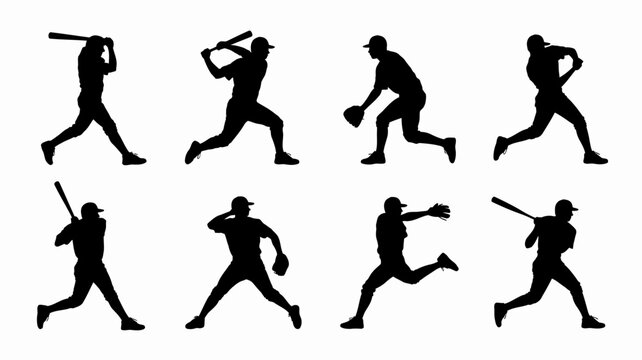 baseball player silhouettes in action poses set of eight isolated figures on white background