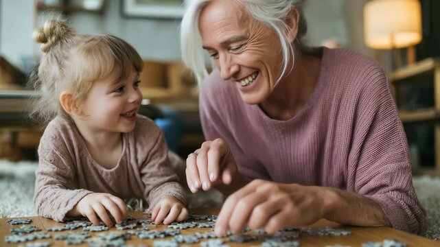 Joyful grandmother and granddaughter playfully assemble a jigsaw puzzle together on a cozy living room floor. Warm family moments. Shared activity. Intergenerational bonding. Building memories.