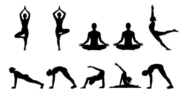 yoga poses silhouettes collection on a white background black human figures in various asanas