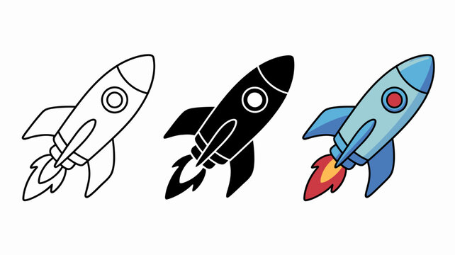 rocket ship illustrations set including line art solid black and color versions with flame trails