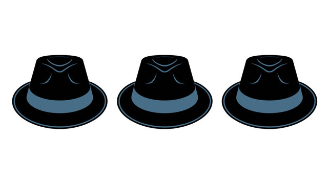 three stylized fedora hats with blue bands flat vector illustration on white background