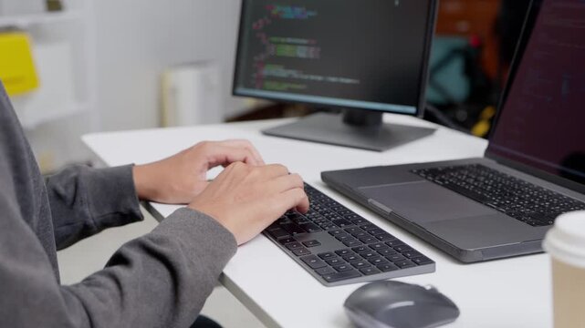 Coding session in office developer at work tech environment close-up view digital innovation