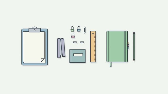 Animation of office supplies on white background including clipboard