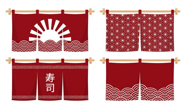 Red Japanese restaurant fabric banners collection with patterns and sushi kanji