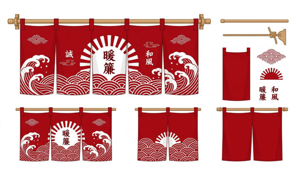 Traditional Japan restaurant entrance curtain elements collection flat design